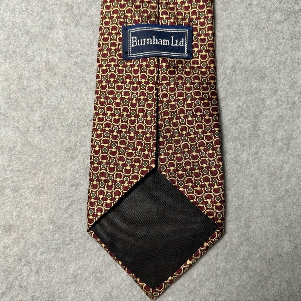 Burnham Ltd Silk Tie Burgundy Gold Geometric Pattern Men's Necktie - Picture 3 of 3
